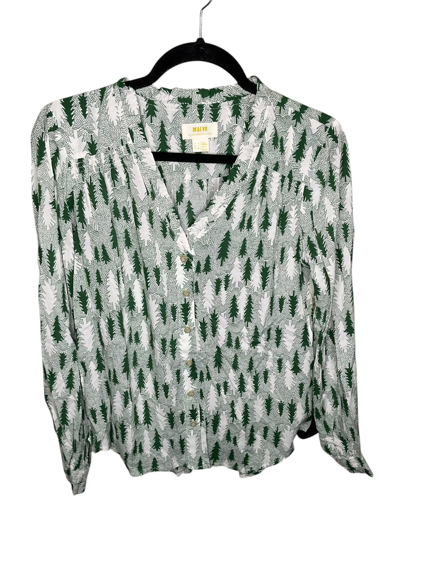 Top Long Sleeve By Maeve In Green & White, Size: 4