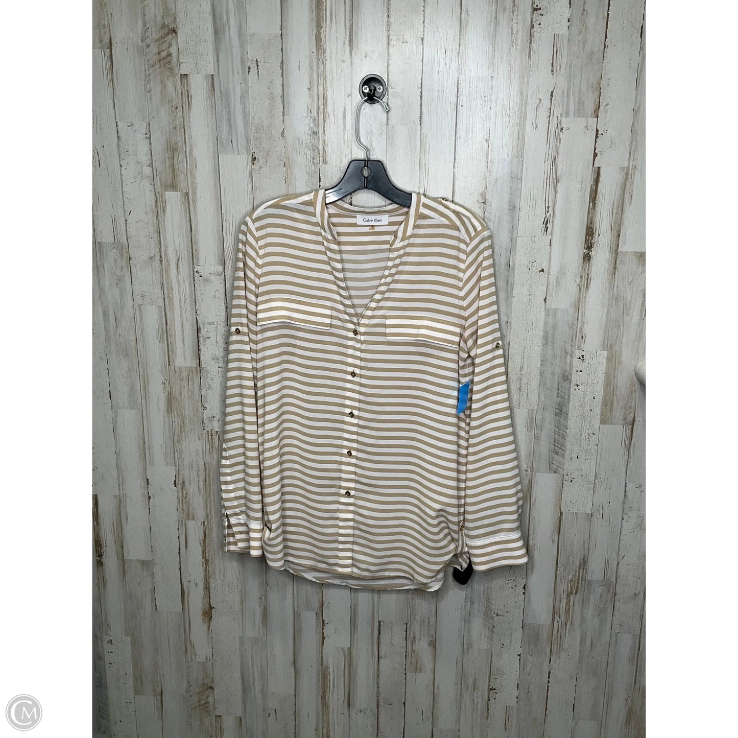 Top Long Sleeve By Calvin Klein In Brown & White, Size: S